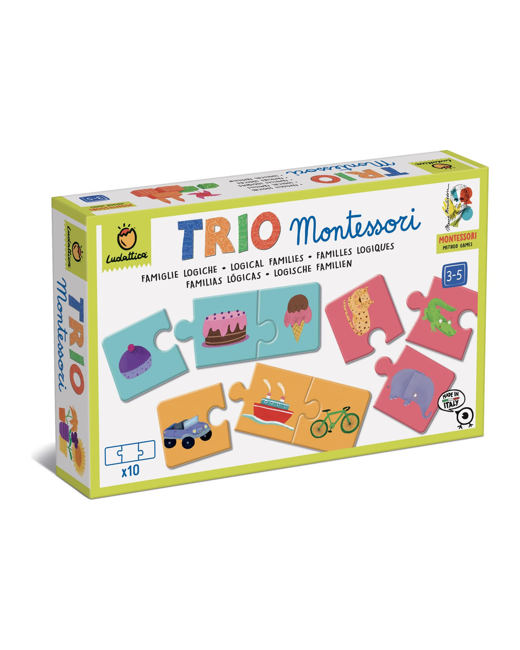 Ludattica Trio Montessori Logical Families kutusu, tatlı, taşıt ve hayvan üçlü yapbozları