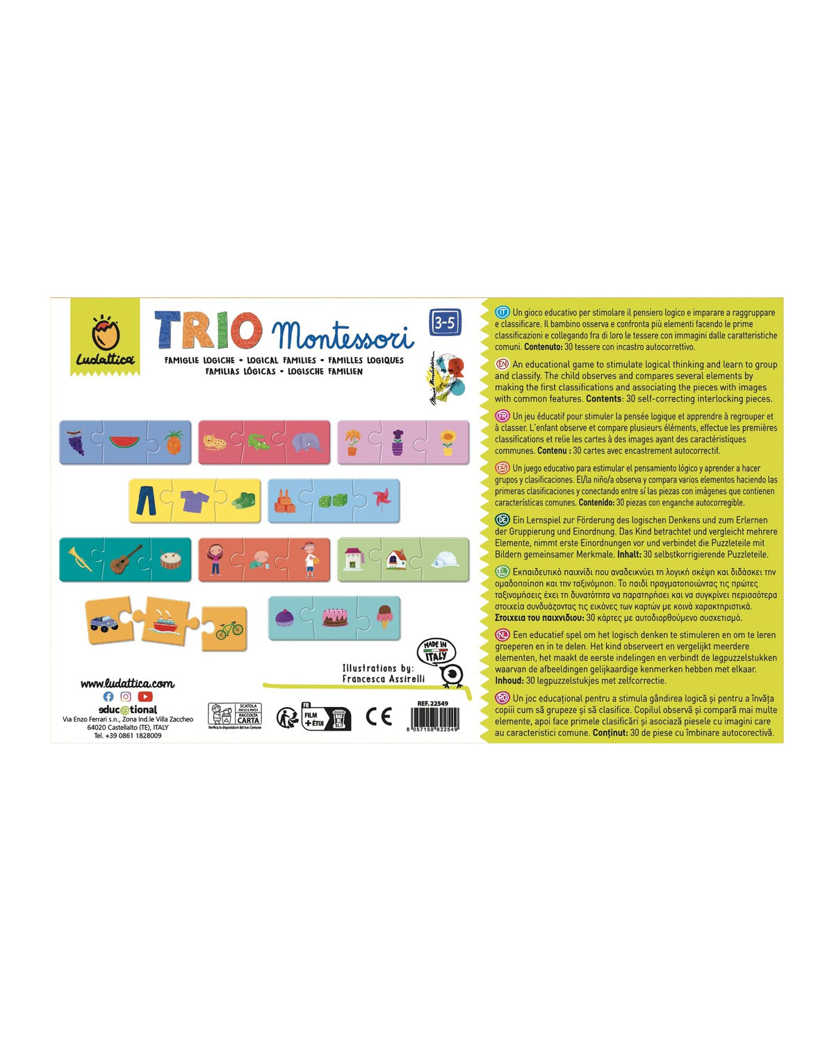 Trio Montessori kutusunun arkası, on üçlü yapboz grubu ve çok dilli açıklama