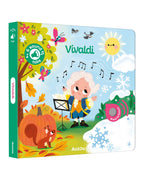 My World of Music Vivaldi müzikli kitabının kapağı, orkestra yöneten Vivaldi ve dört mevsim manzarası