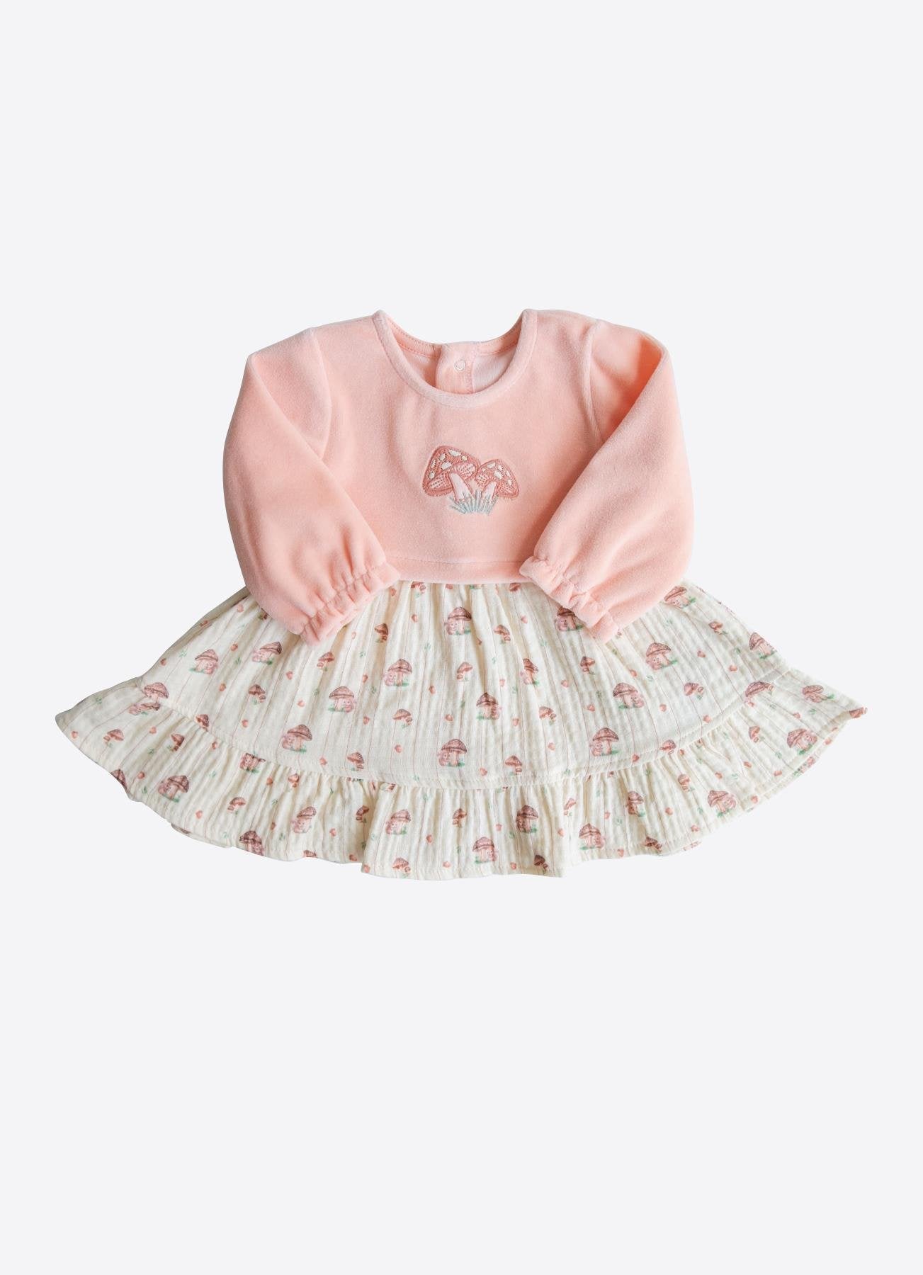 Organik Pamuk Pudra Kadife Üst & Mantar Desenli Etekli Bebek Elbise