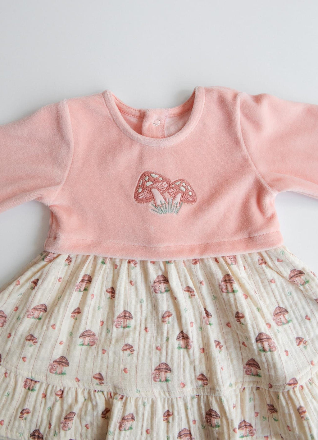 Organik Pamuk Pudra Kadife Üst & Mantar Desenli Etekli Bebek Elbise