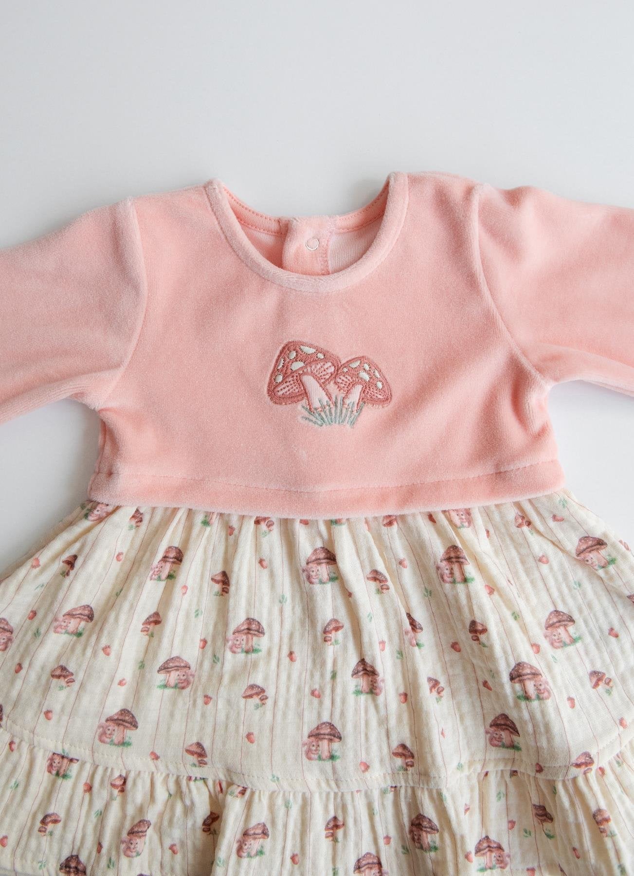 Organik Pamuk Pudra Kadife Üst & Mantar Desenli Etekli Bebek Elbise