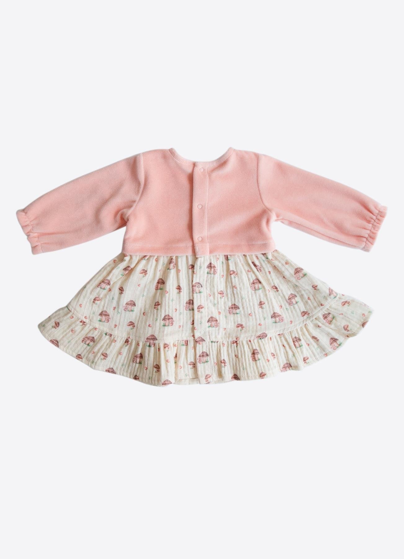 Organik Pamuk Pudra Kadife Üst & Mantar Desenli Etekli Bebek Elbise