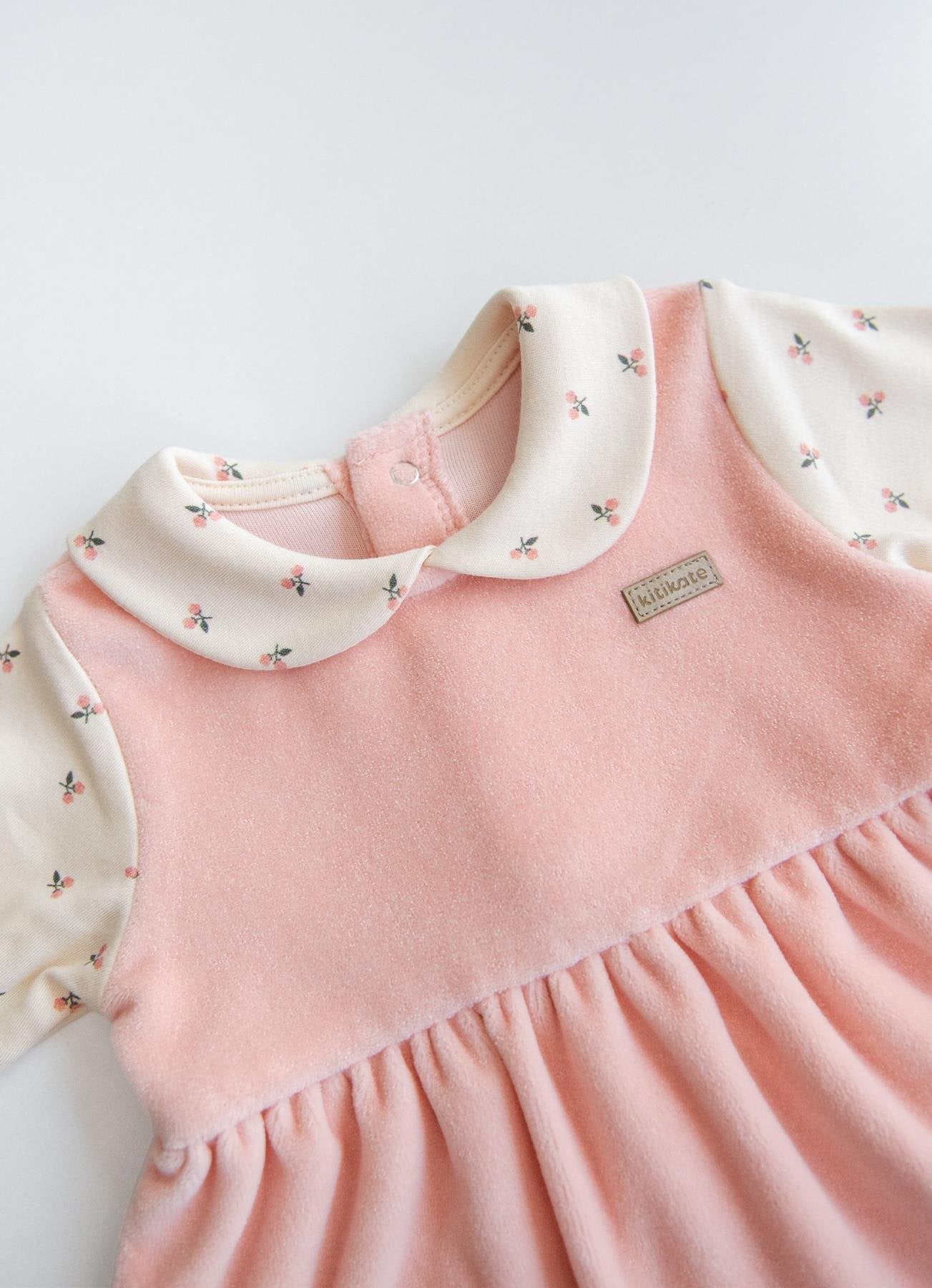 Organik Pamuk Kadife Üst & Çiçek Desenli Bebek Elbise – Pembe Tonlar