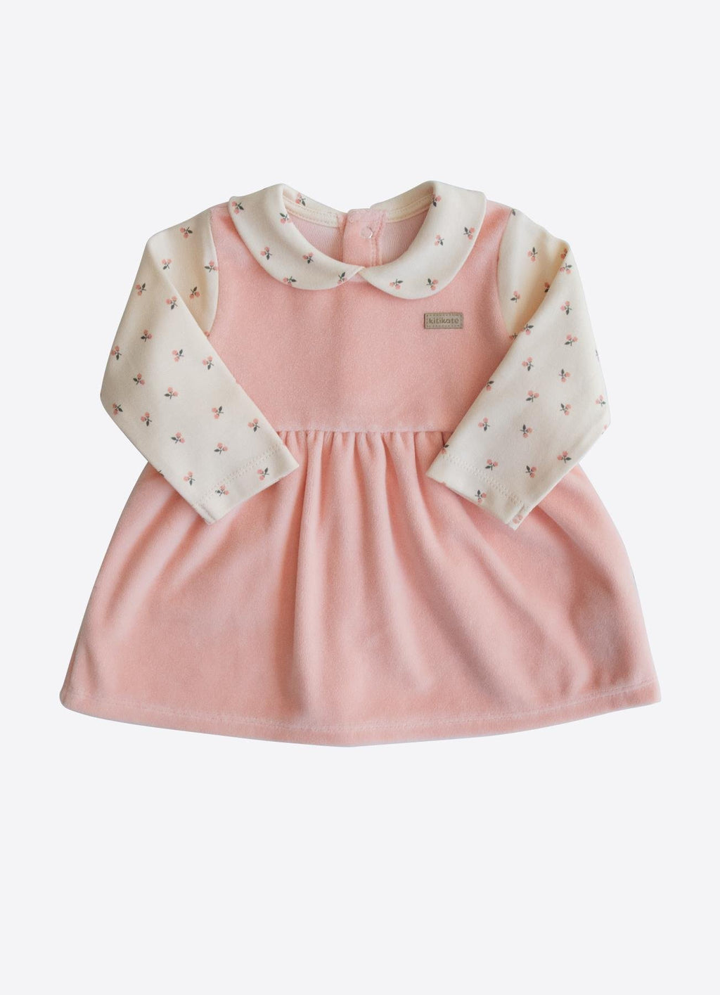 Organik Pamuk Kadife Üst & Çiçek Desenli Bebek Elbise – Pembe Tonlar