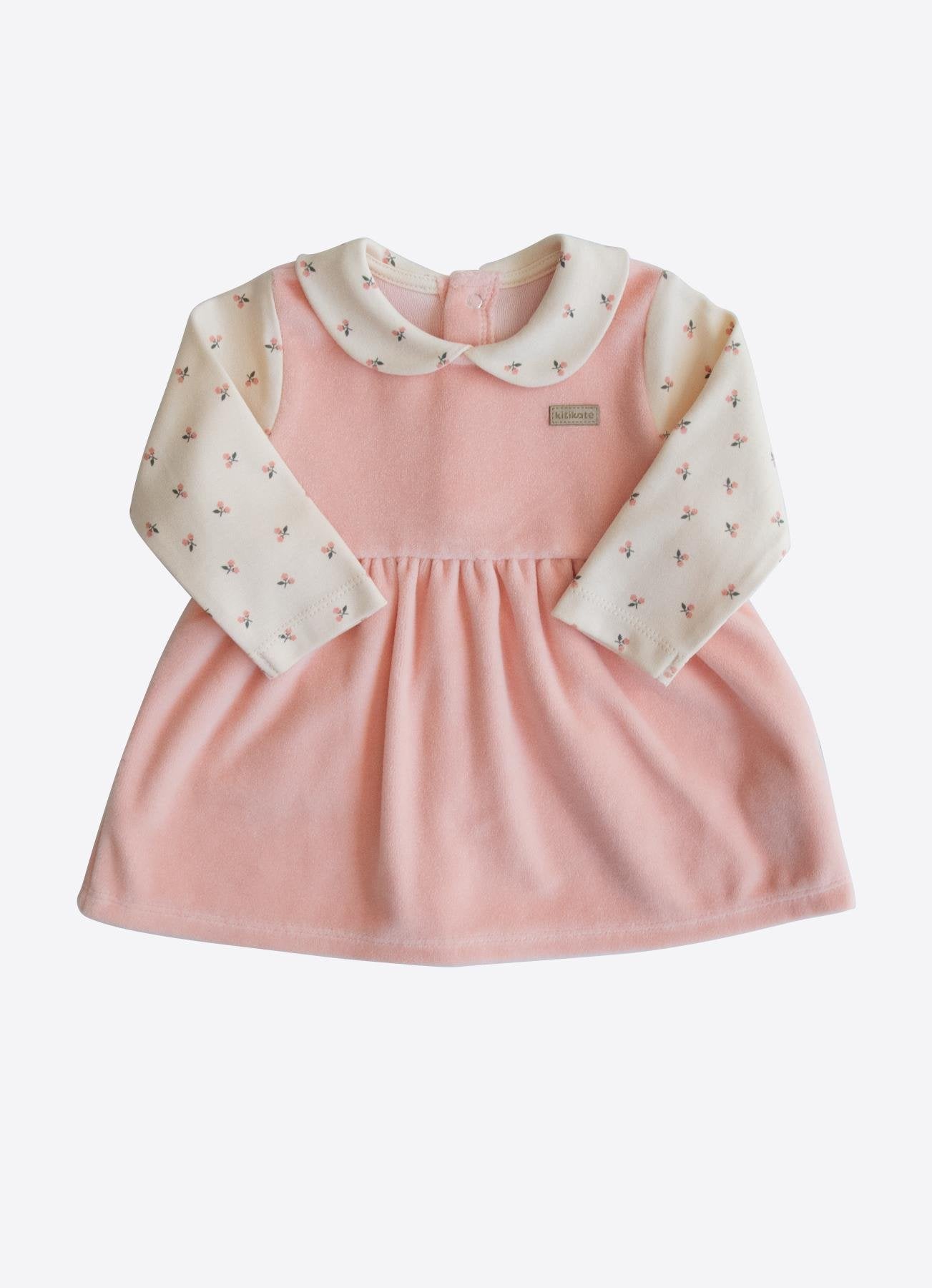 Organik Pamuk Kadife Üst & Çiçek Desenli Bebek Elbise – Pembe Tonlar
