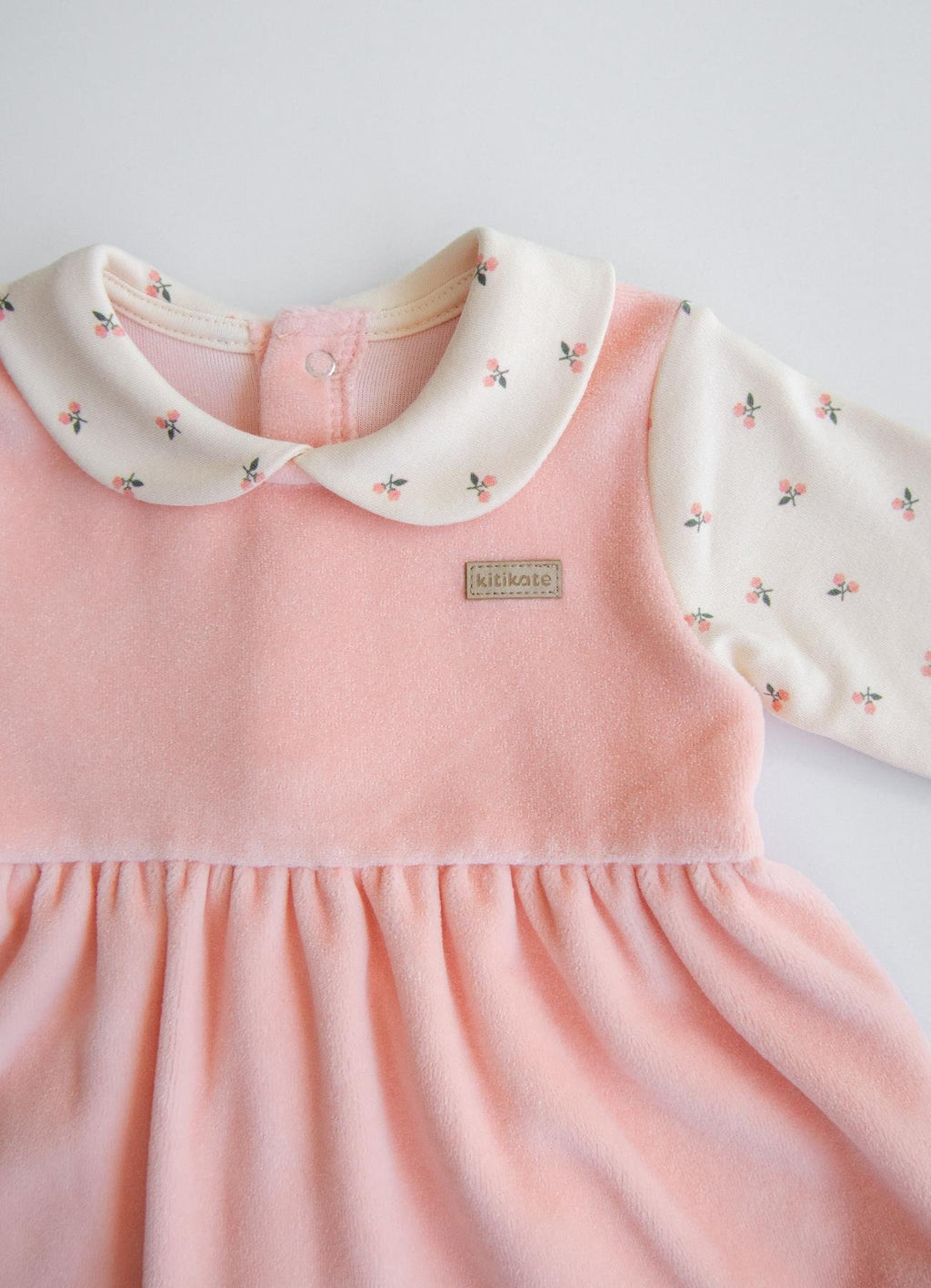Organik Pamuk Kadife Üst & Çiçek Desenli Bebek Elbise – Pembe Tonlar
