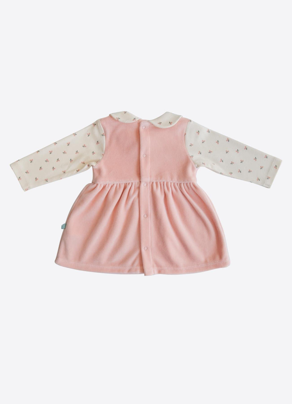 Organik Pamuk Kadife Üst & Çiçek Desenli Bebek Elbise – Pembe Tonlar