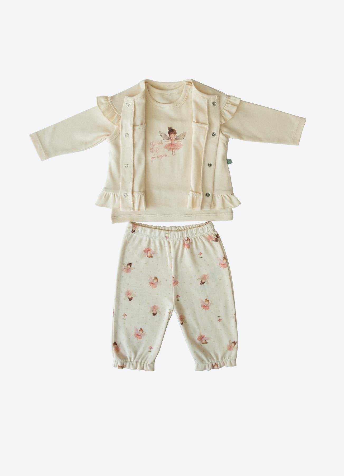 Organik Pamuk Fly 3’lü Bebek Takımı – Fırfırlı Natural Tasarım