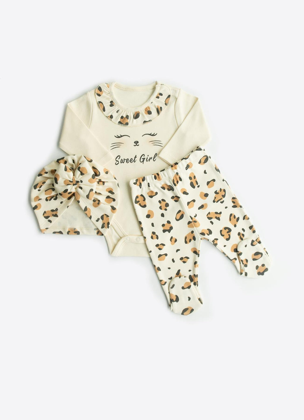 Organik Pamuk Leopar 3’lü Takım Natural (Body + Pantolon + Saç Bonesi)