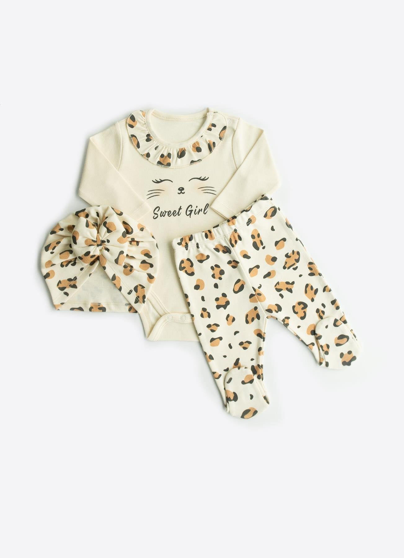 Organik Pamuk Leopar 3’lü Takım Natural (Body + Pantolon + Saç Bonesi)