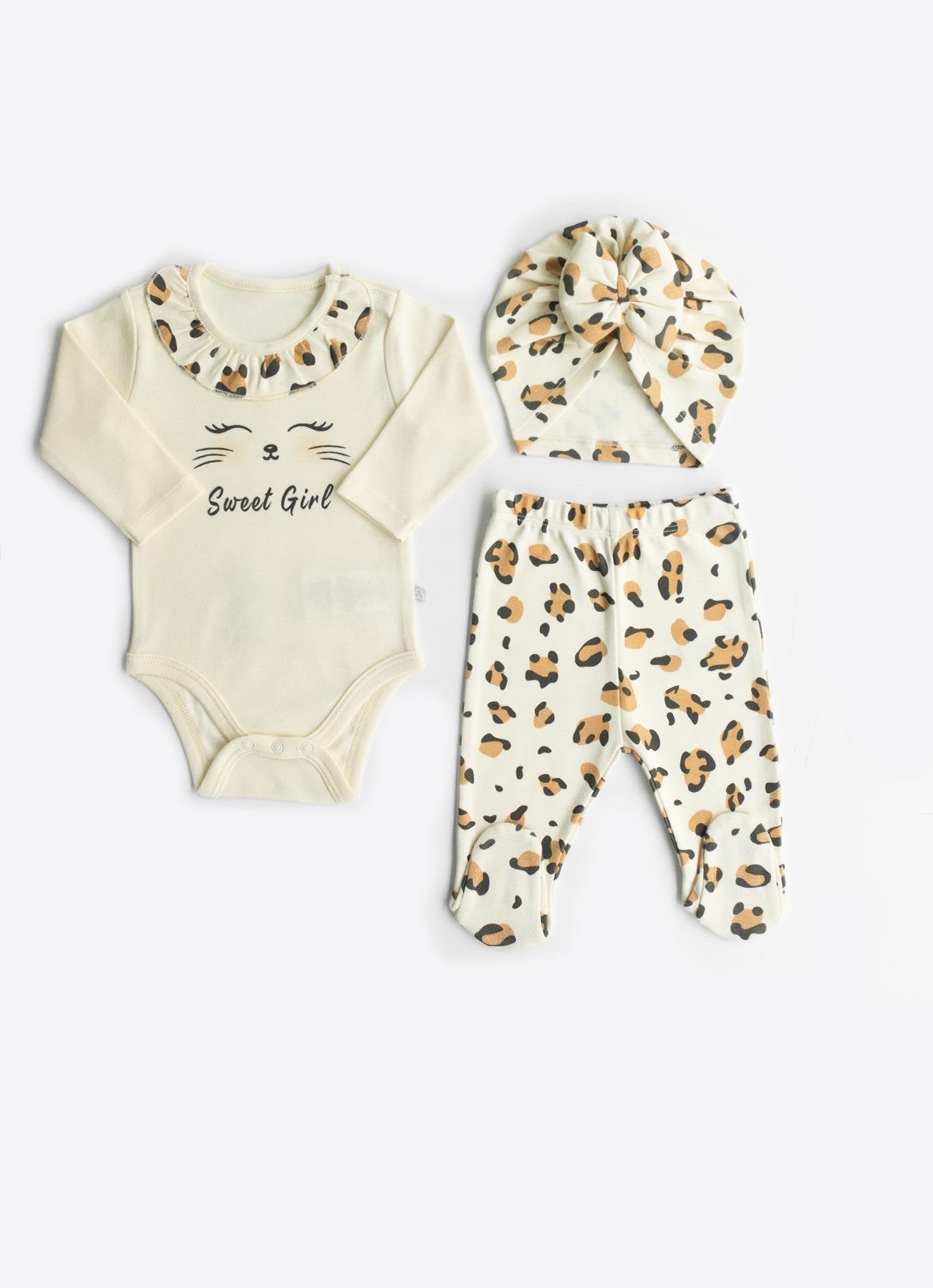 Organik Pamuk Leopar 3’lü Takım Natural (Body + Pantolon + Saç Bonesi)
