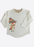 Kitikate organik GOTS ekru uzun kollu bebek pijama üstü kasketli kuş baskı stüdyo