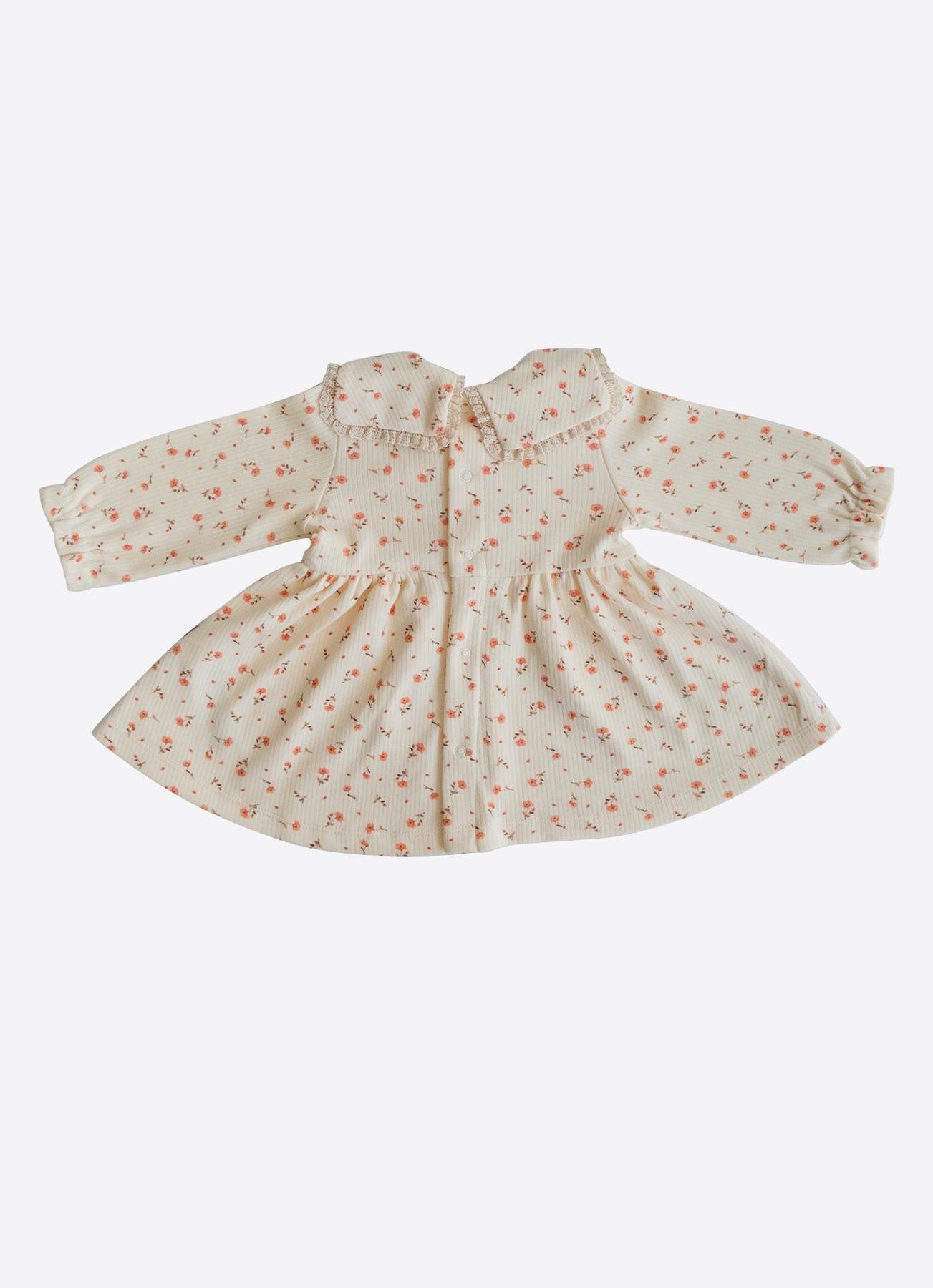 Organik Pamuk Dantel Yakalı Çiçek Desenli Bebek Elbise – Natural Tonlar