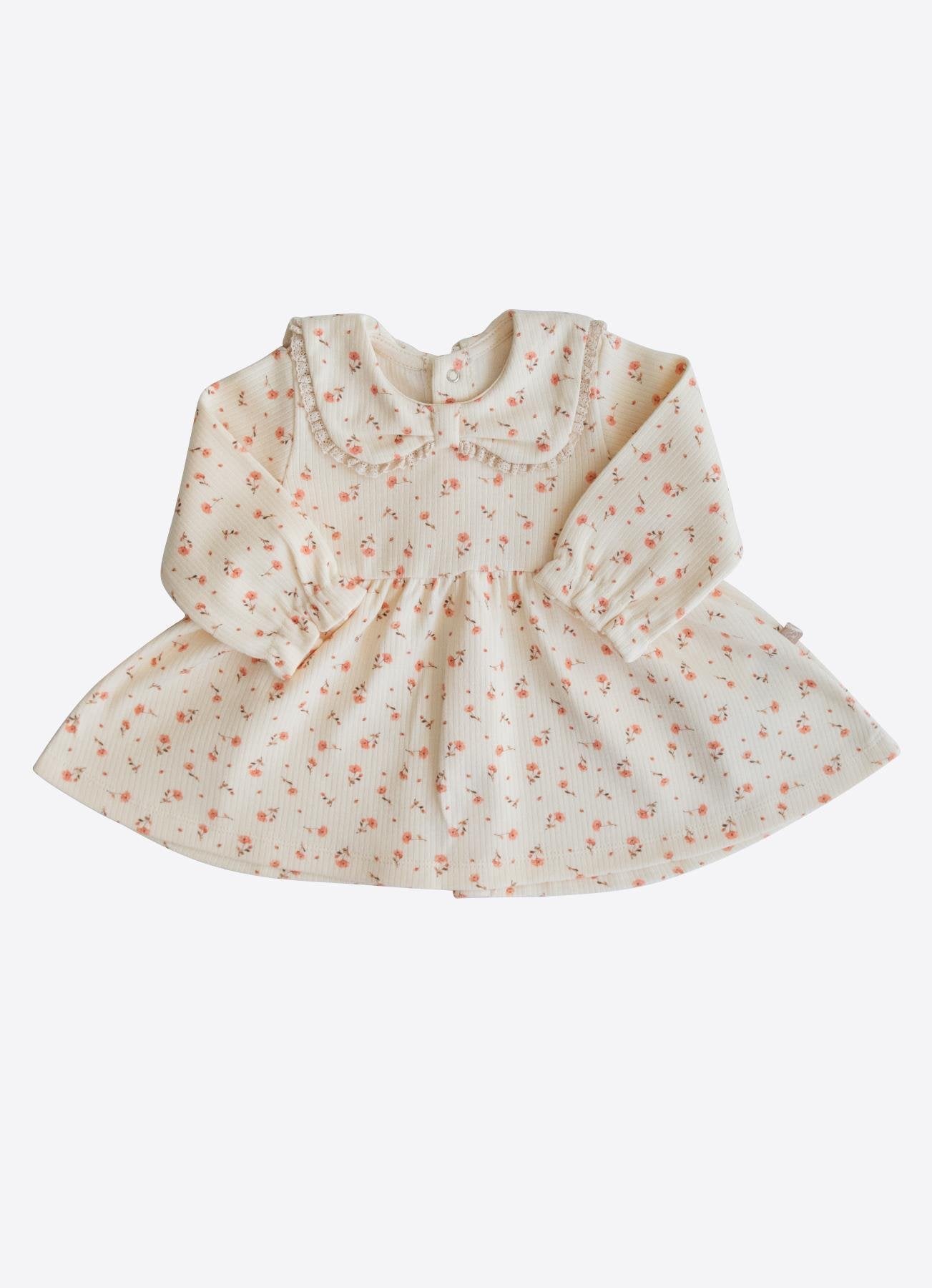 Organik Pamuk Dantel Yakalı Çiçek Desenli Bebek Elbise – Natural Tonlar