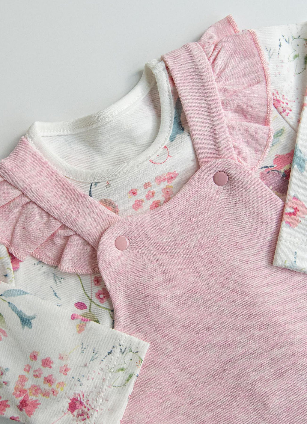 Organik Pamuklu Prenses Tavşan Nakışlı 2'li Salopet Takımı - Pudra Pembe