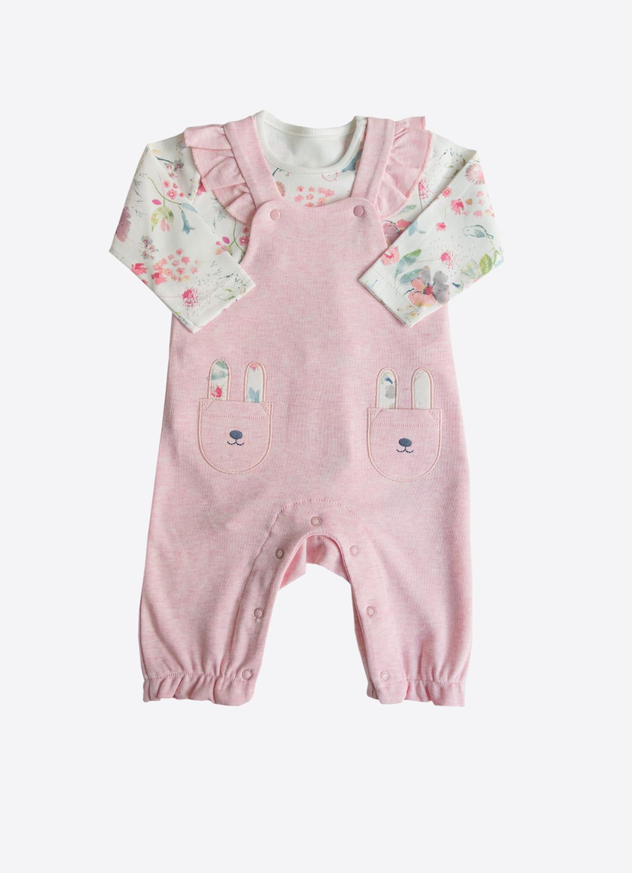 Organik Pamuklu Prenses Tavşan Nakışlı 2'li Salopet Takımı - Pudra Pembe