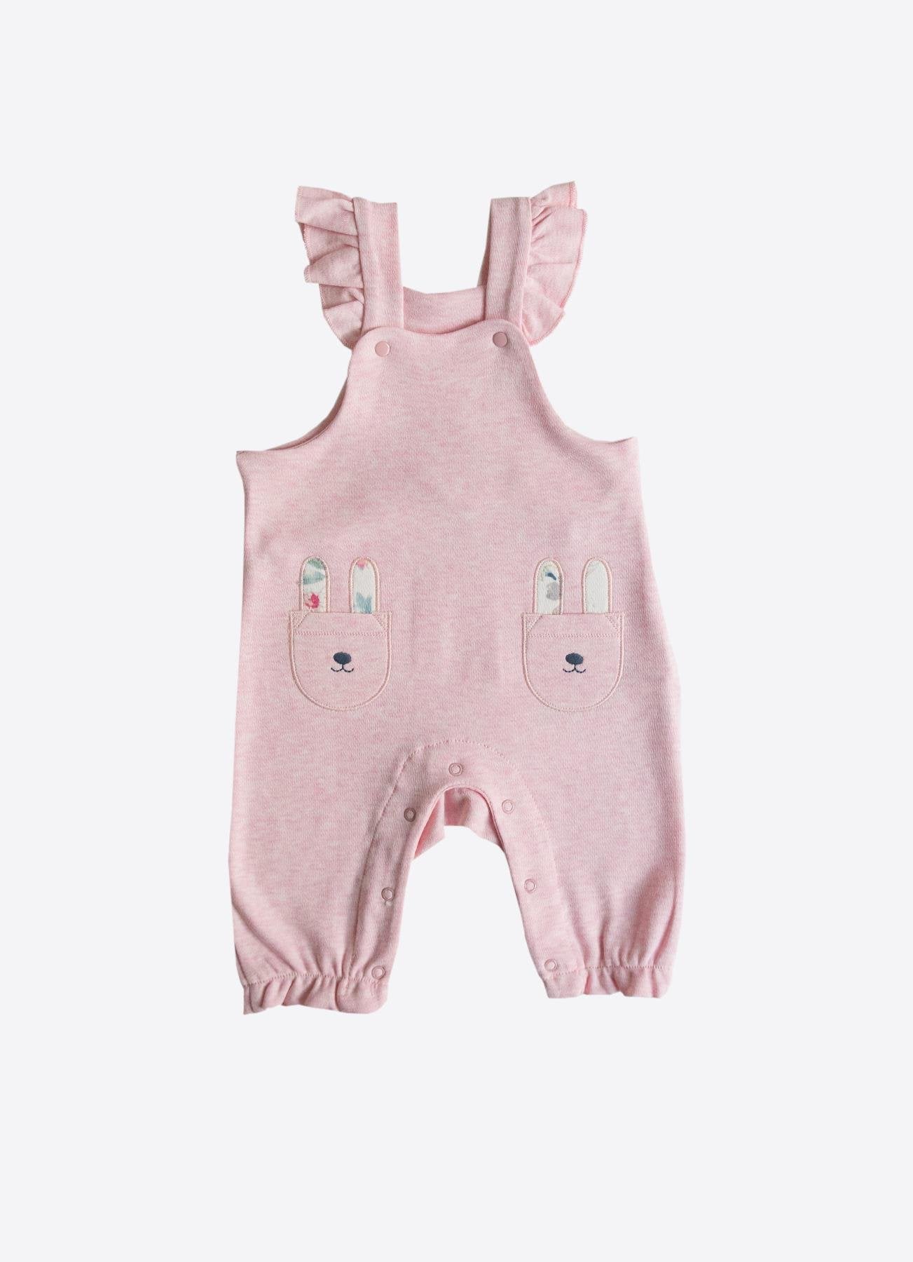 Organik Pamuklu Prenses Tavşan Nakışlı 2'li Salopet Takımı - Pudra Pembe