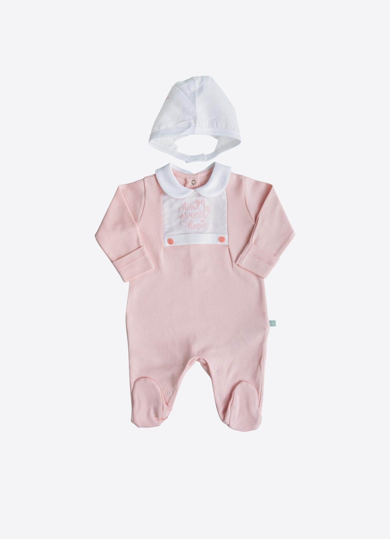 Organik Pamuk Sweet Home Şapkalı Tulum Pembe