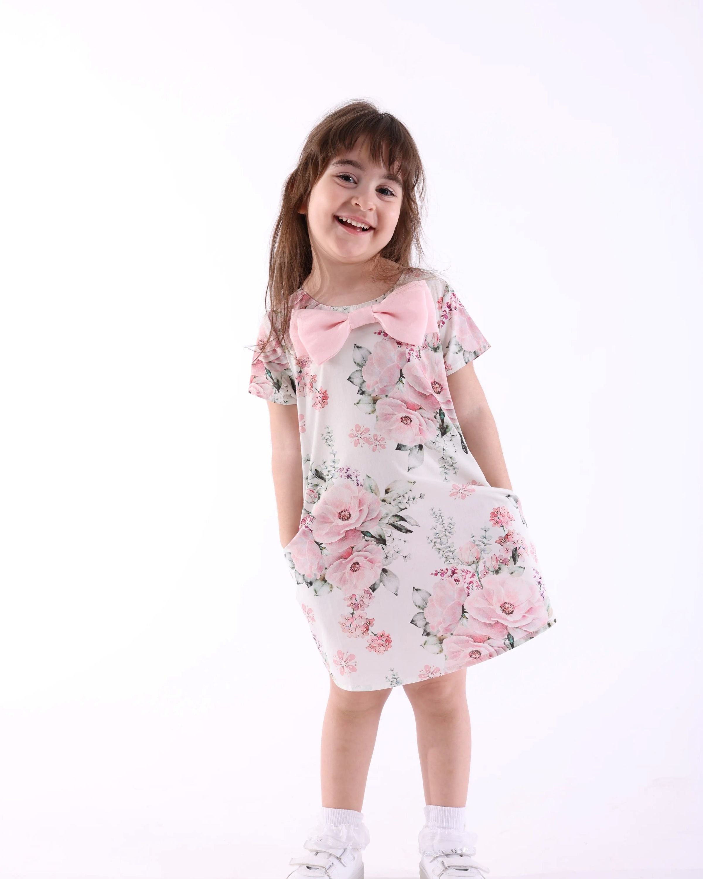 Ozmoz organik dijital çiçek baskılı pembe fiyonk yazlık kız çocuk elbise 12 ay 4 yaş