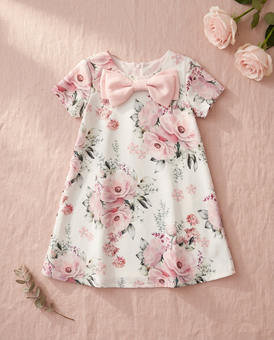 Ozmoz pembe gül baskılı yazlık kız çocuk elbise flat lay blush linen fiyonk detay