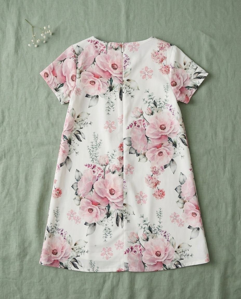 Ozmoz dijital çiçek baskılı kız çocuk elbise flat lay sage green linen arka görünüm