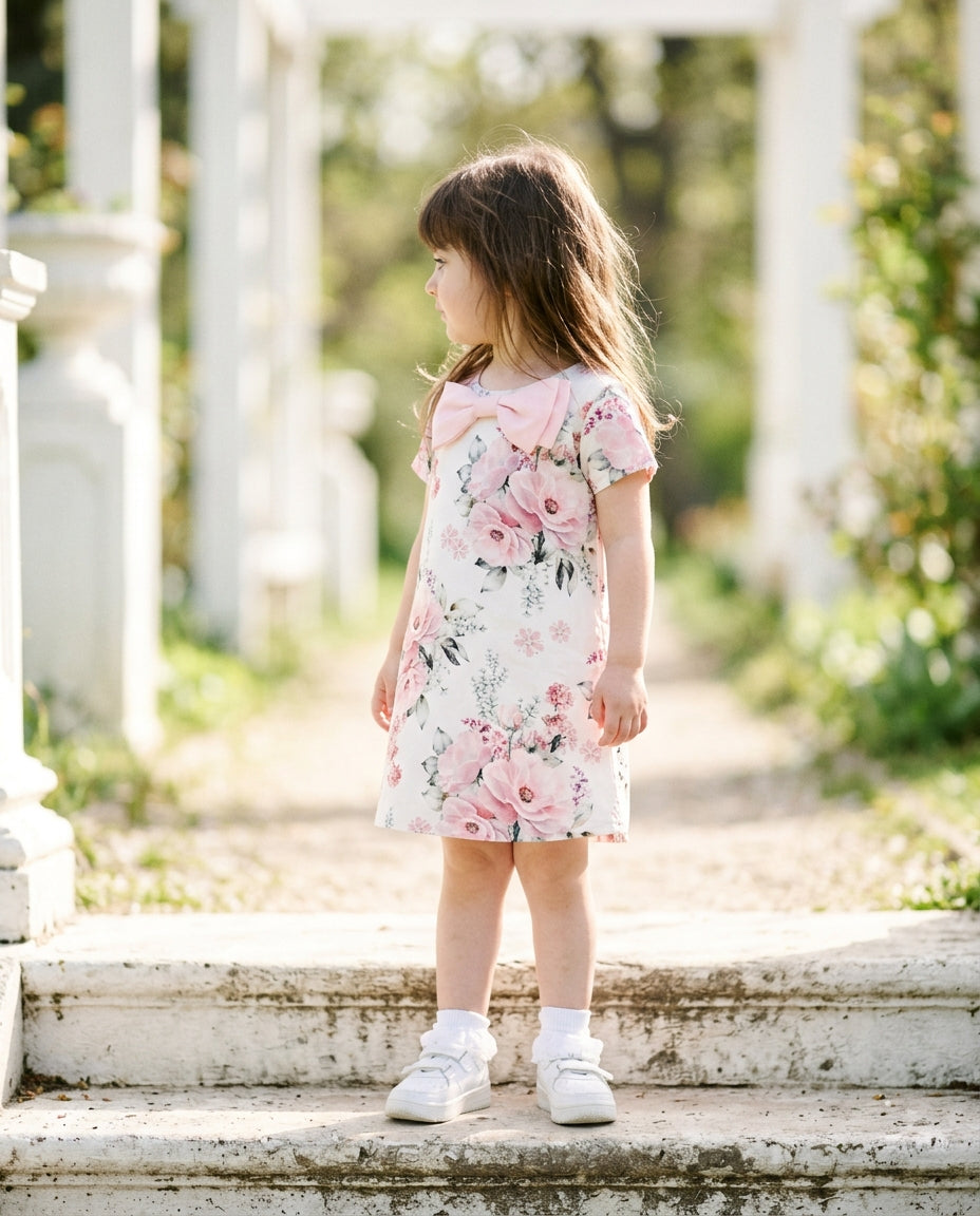 Ozmoz yazlık kız çocuk elbise pembe fiyonk dijital çiçek baskı detay yakın çekim