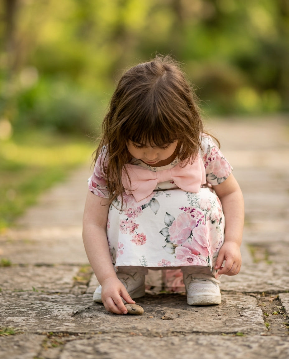 Ozmoz pembe çiçek baskılı kız çocuk elbise park bahar doğal an merak lifestyle