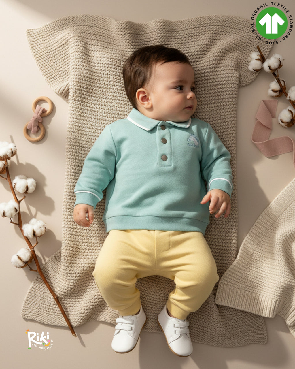 Crystal Baby Organik Pamuk Polo Yaka Uzun Kollu Üst – Eggshell Blue