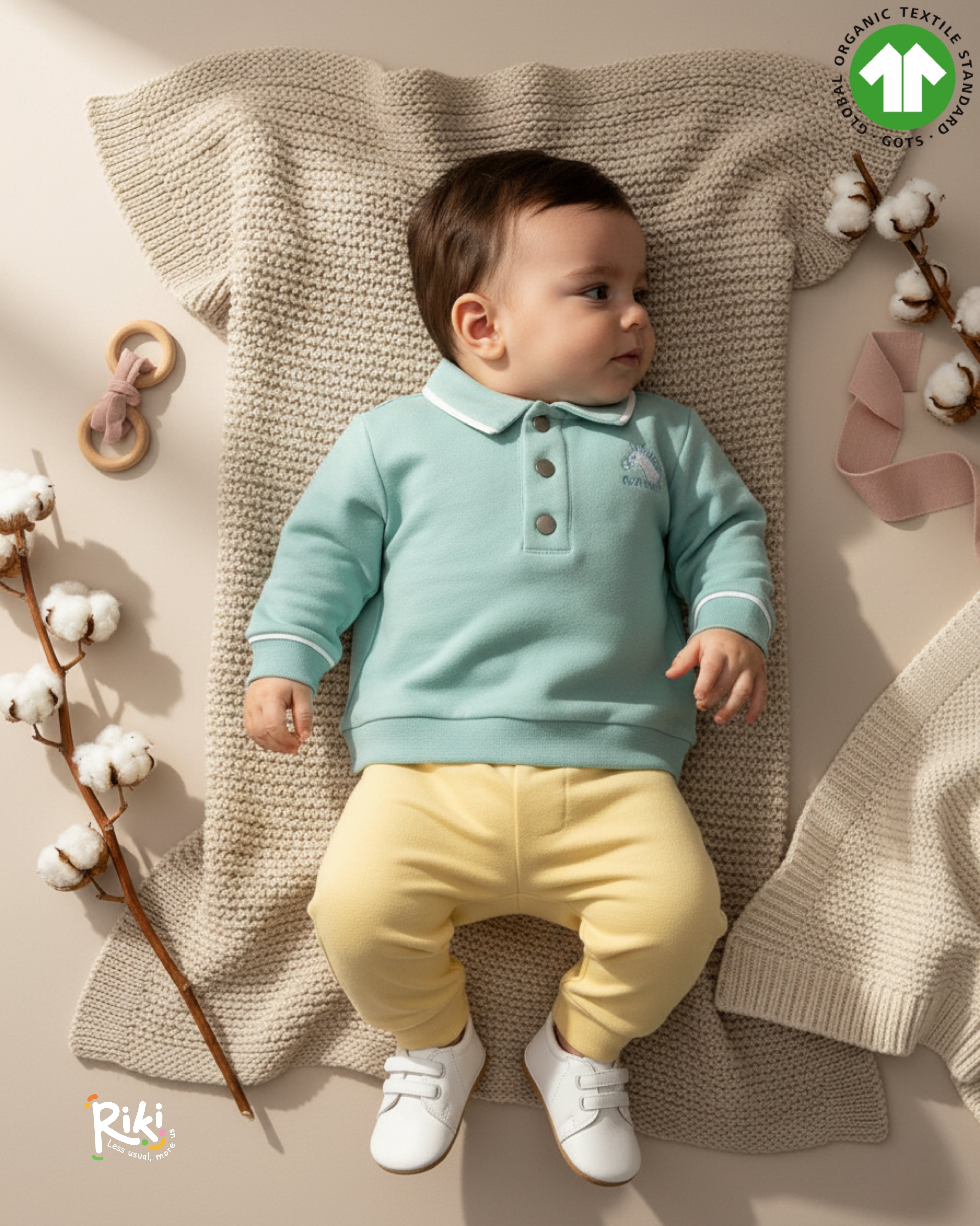 Crystal Baby Organik Pamuk Polo Yaka Uzun Kollu Üst – Eggshell Blue