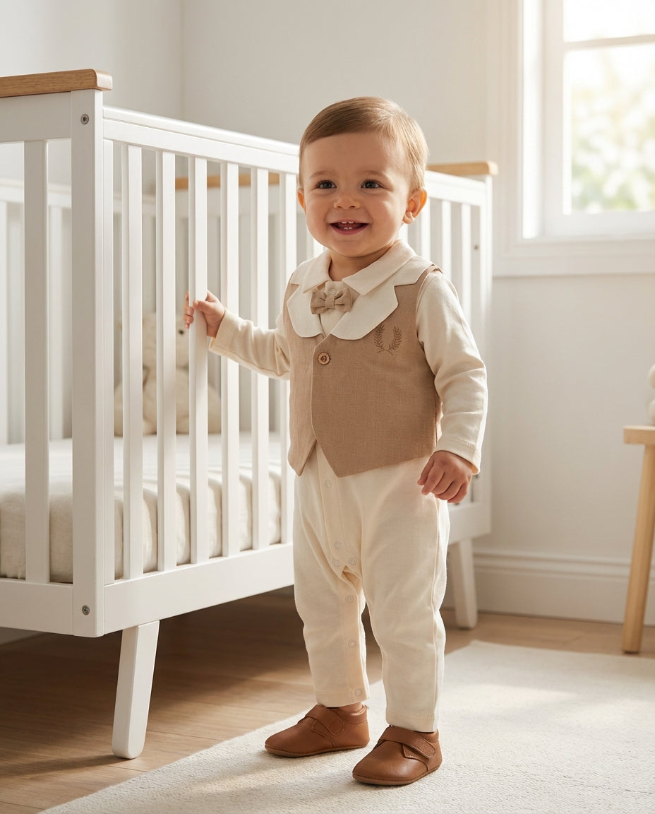 Organik Pamuklu Lucas Papyonlu Tulum ve Yelek Seti - Bej Gentleman Takım