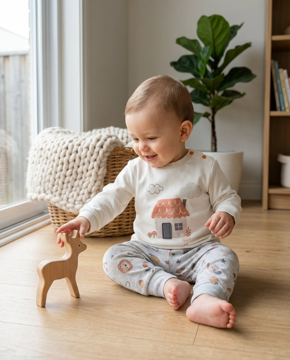 Organik Pamuklu Woodland Omuzdan Patlı 2'li Bebek Takımı - Antrasit Gri