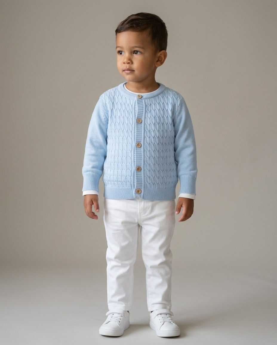 Ozmoz bebe mavisi honeycomb örgü erkek bebek hırka stüdyo tam boy 3 ay 4 yaş