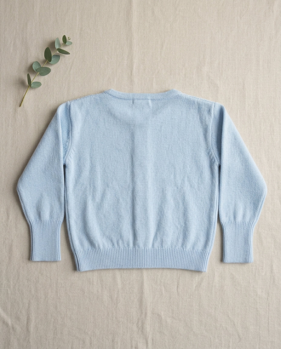 Ozmoz bebe mavisi erkek bebek hırka flat lay ekru linen okaliptüs örgü desen