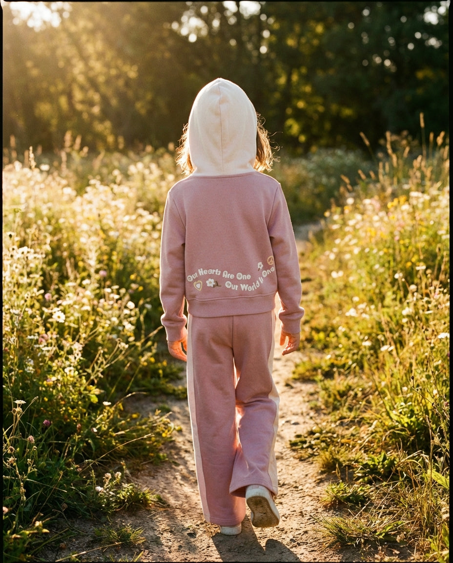 Organik pamuk kız çocuk hoodie arka görünüm lifestyle, Our Hearts Are One Our World Is One hem baskı detayı