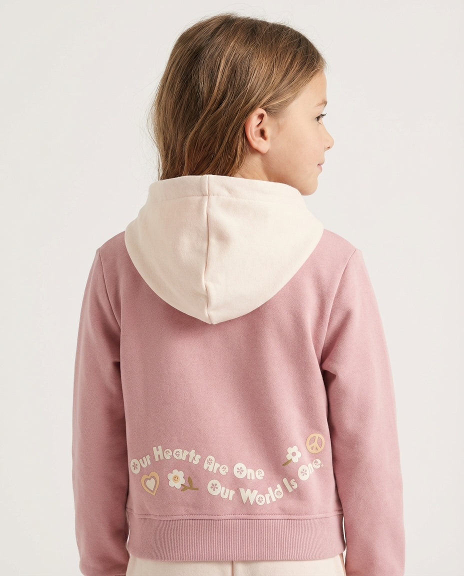 GOTS sertifikalı organik pamuk kız çocuk kapüşonlu eşofman üst, dusty pink cream renk blok fermuar 6-12 yaş