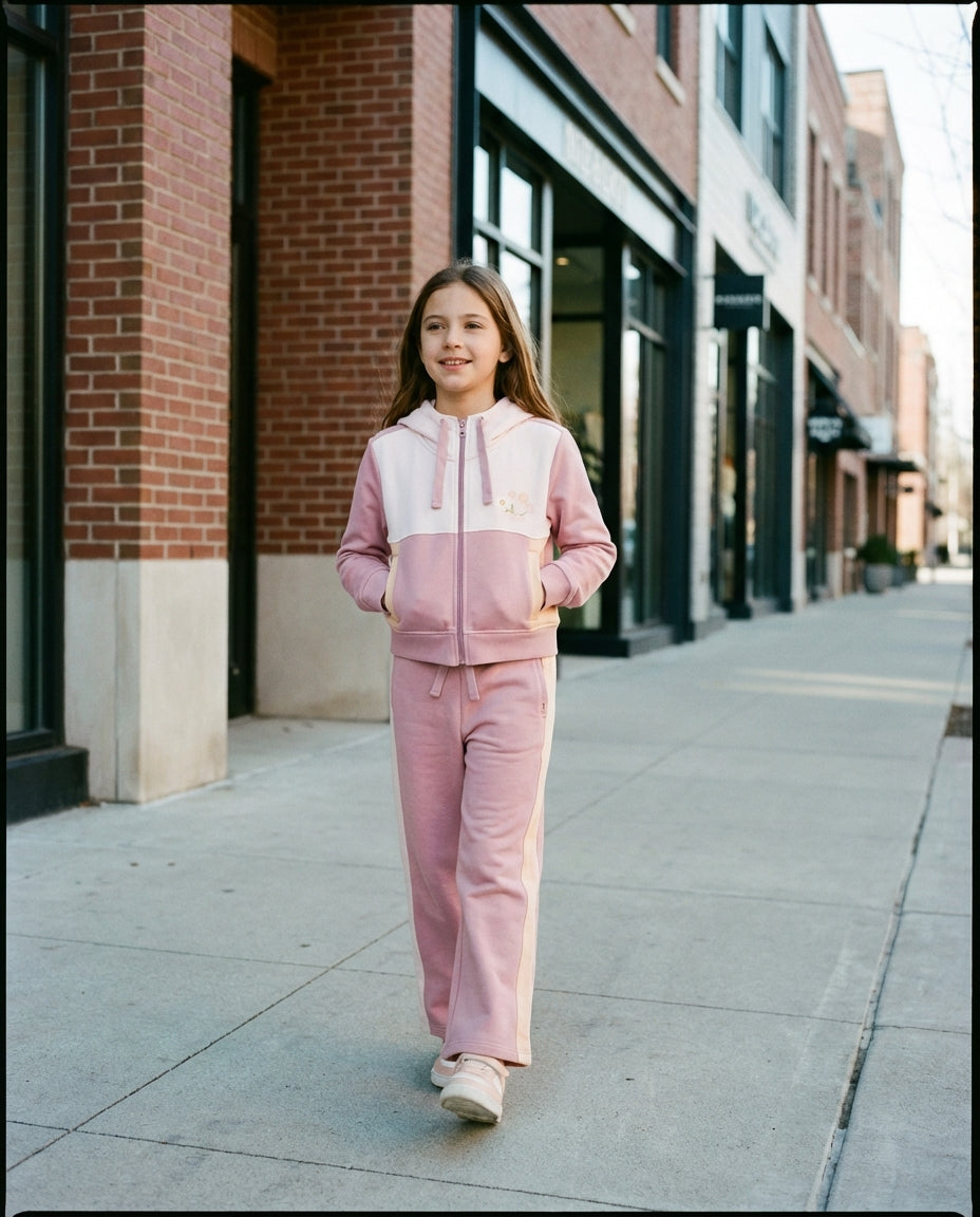 Sokak stilinde yürüyen 10-11 yaşındaki kızın üzerindeki pembe çift renk Ozmoz organik boru paça takım