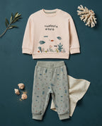 Organik pamuk GOTS sertifikalı pudra peach sweatshirt ve mint yeşili eşofman altı, Undersea World deniz temalı yazılı bebek takımı