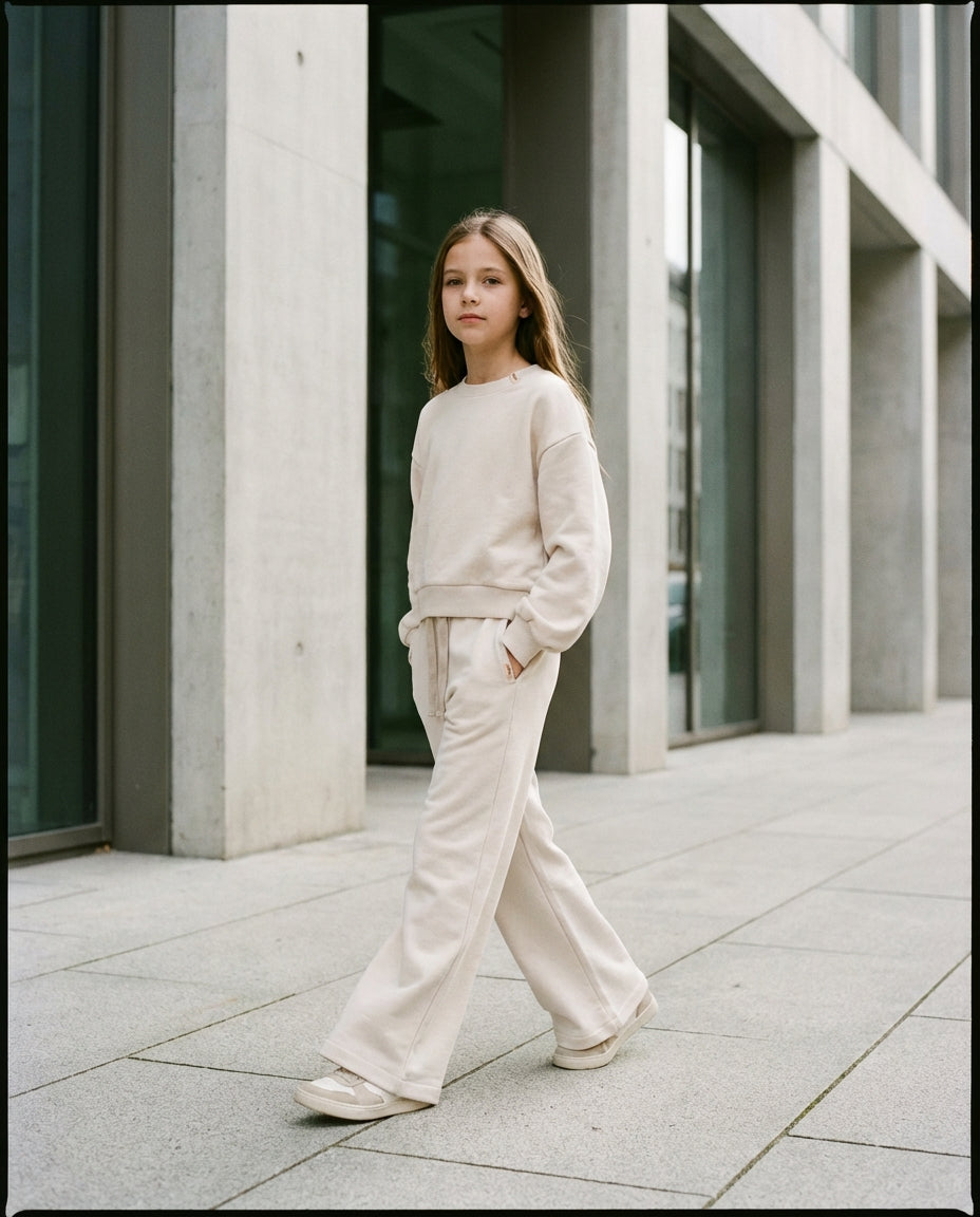 Şehirde yürüyen 10-11 yaşındaki kızın üzerindeki bej Ozmoz organik bol paça eşofman takımı sokak stili