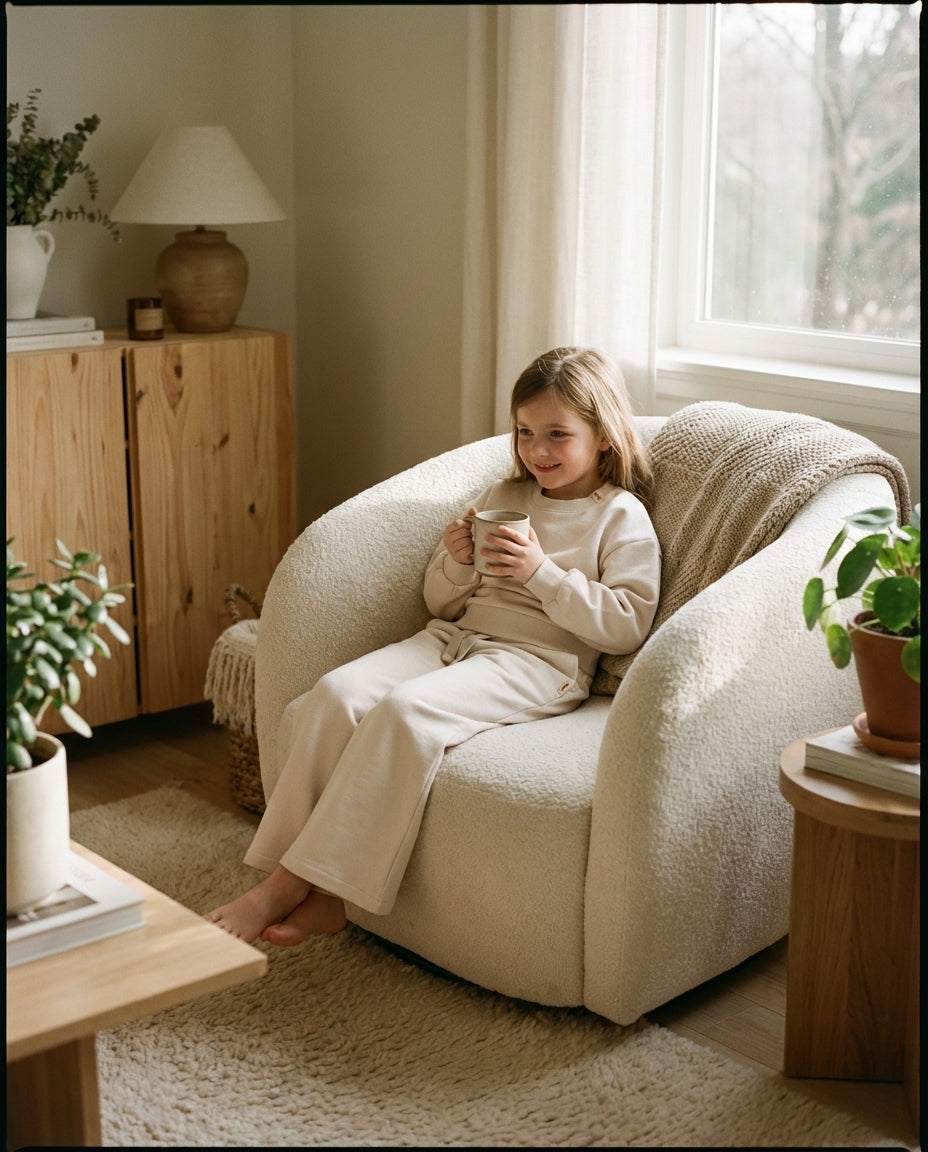 Sıcak ev ortamında dinlenen 6-7 yaşındaki kız çocuğunun üzerindeki kalın 3 iplik bej organik takım