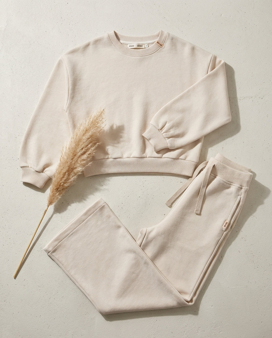 Organik Pamuk GOTS Sertifikalı Bej Bol Paça Kız Çocuk Takım | 5-12 Yaş