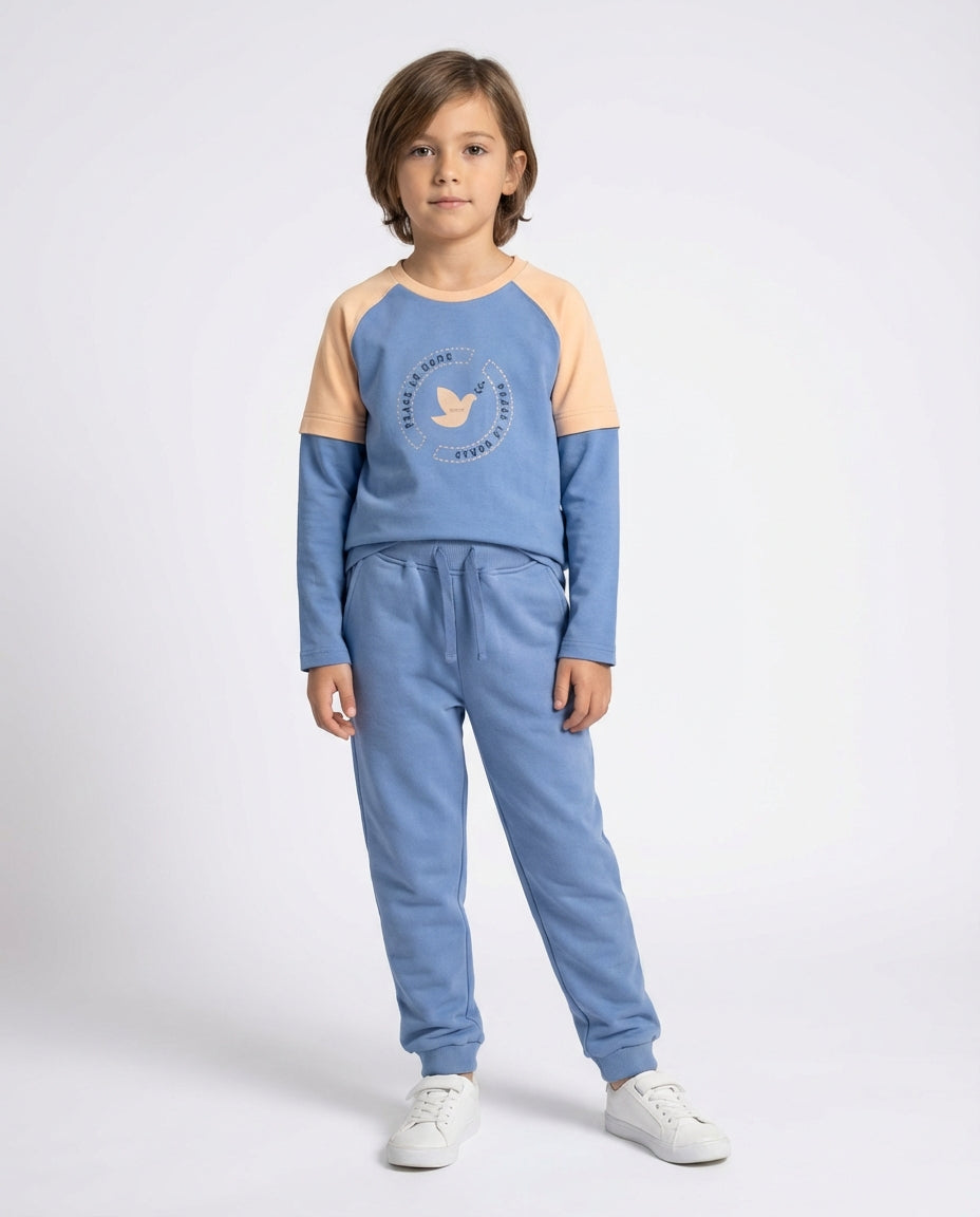 GOTS organik pamuk cornflower blue raglan sweatshirt jogger pantolon kombin erkek çocuk set 6-12 yaş