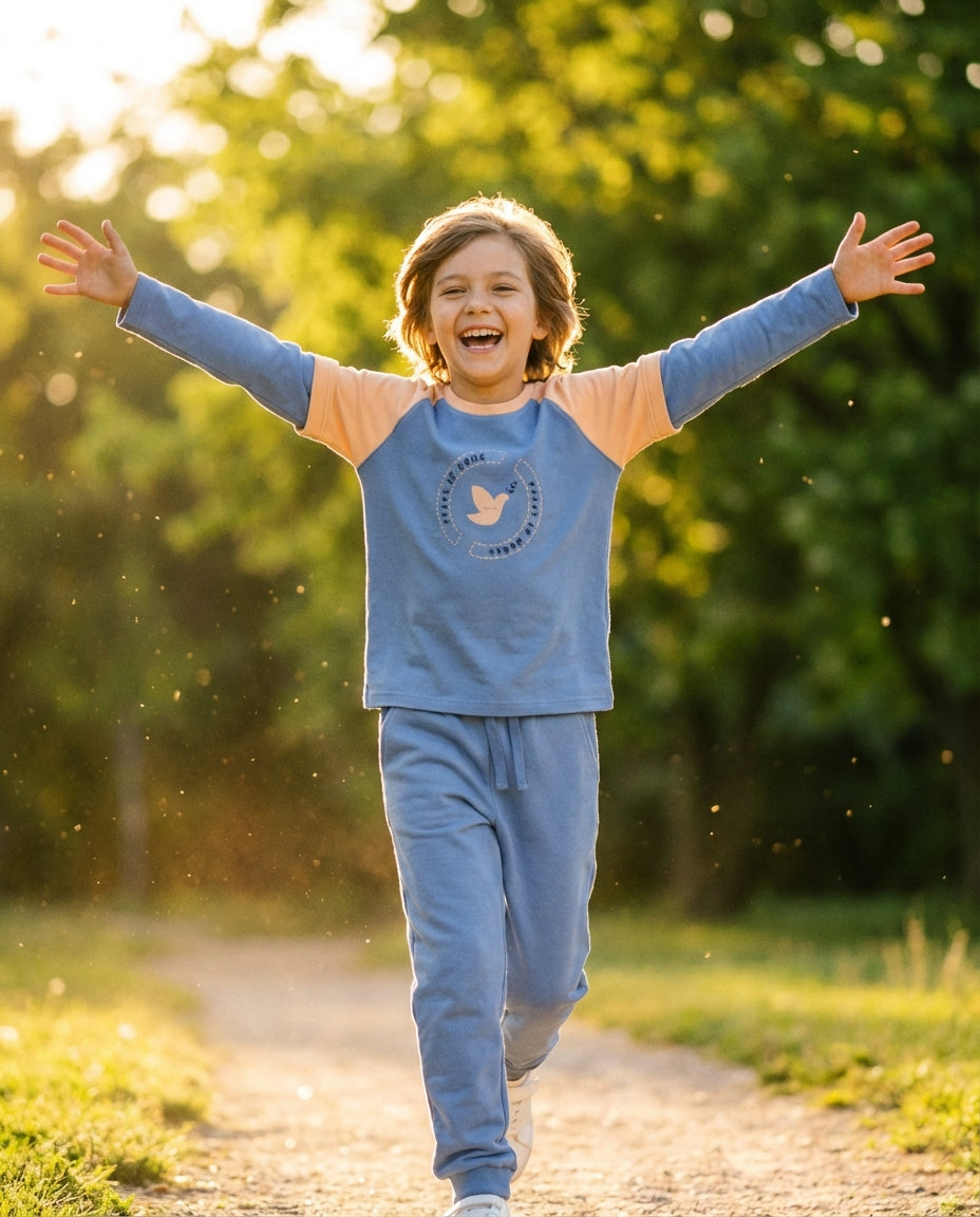 Organik pamuk cornflower blue raglan sweatshirt jogger pantolon kombin açık hava lifestyle altın saat ışığı