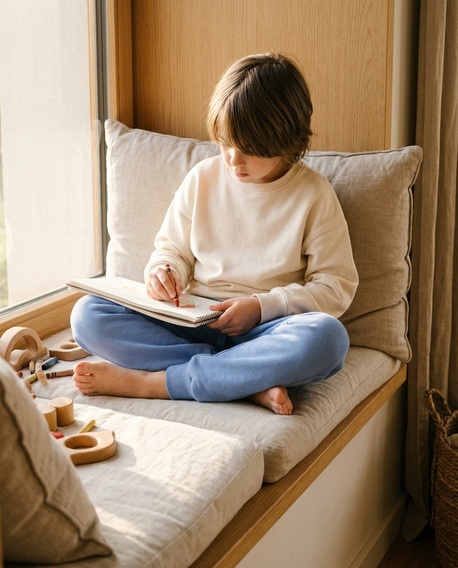 Organik pamuk cornflower blue çocuk jogger pantolon ev içi lifestyle pencere kenarı doğal ışık konfor anı