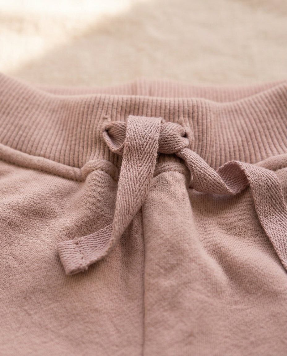 Ozmoz pudra pembe eşofman altı ribana elastik bel ip bağcık detay yakın çekim