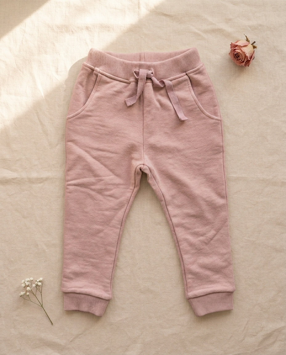 Ozmoz pudra pembe organik kız çocuk eşofman altı flat lay blush linen ribana bel