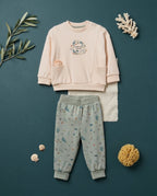 Organik pamuk GOTS sertifikalı pudra peach cepli sweatshirt ve mint yeşili eşofman altı, Undersea World çelenk baskılı bebek takımı