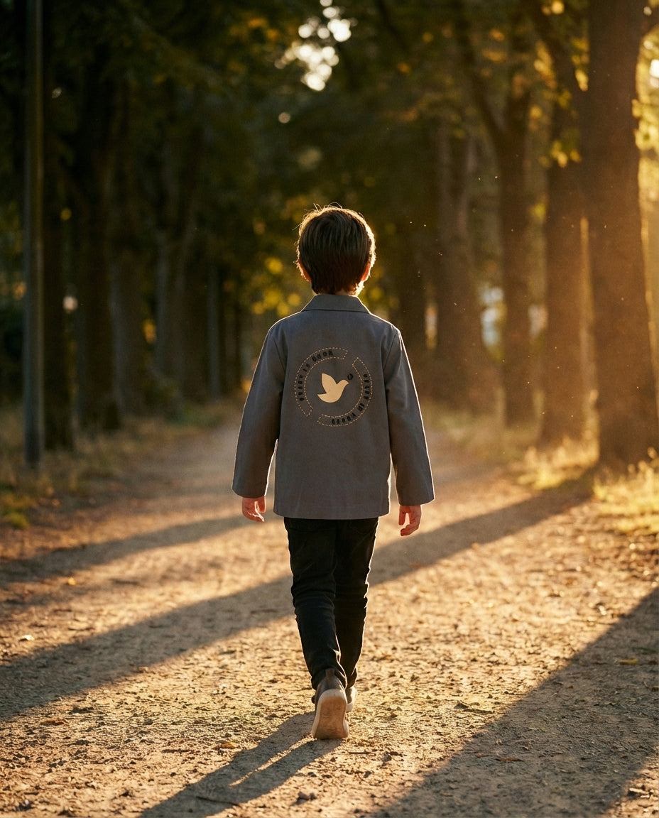 Organik pamuklu slate grey erkek çocuk ceketi doğal ortam lifestyle çekim, ağaçlık patika altın saat ışığı