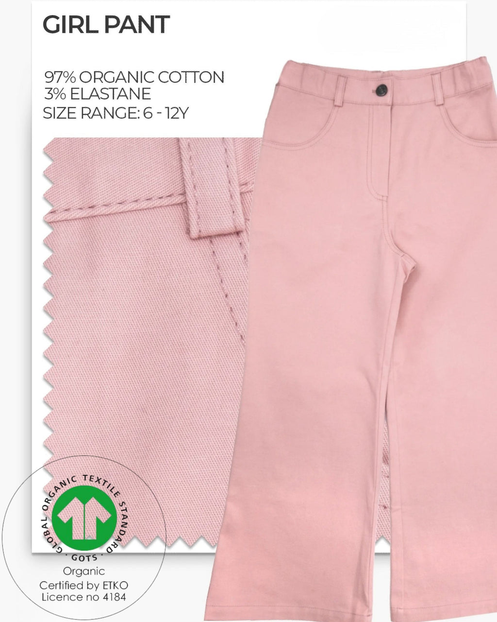 GOTS sertifikalı %97 organik pamuk %3 elastan dusty pink kız çocuk flare pantolon colorado kumaş detayı