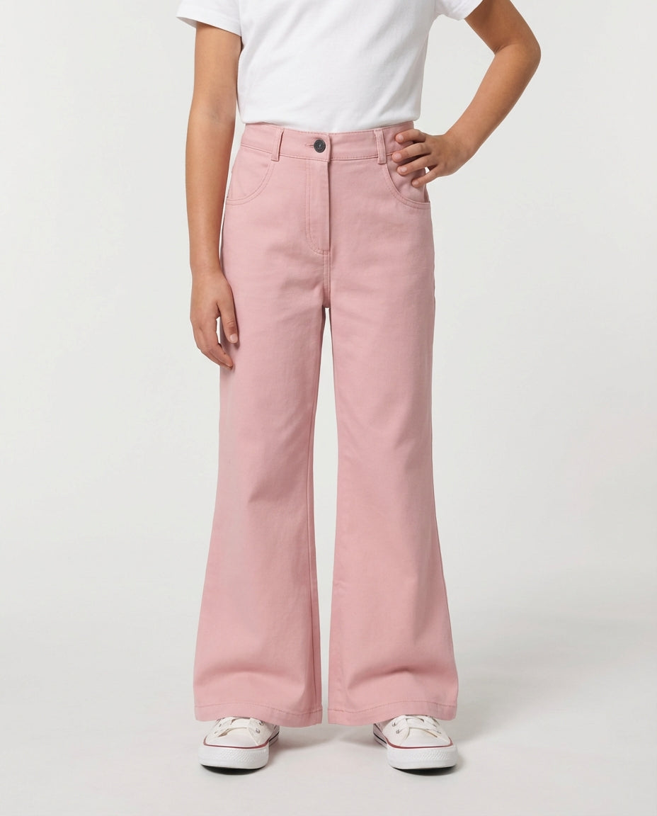 GOTS sertifikalı organik pamuk dusty pink kız çocuk bol paça flare chino pantolon yüksek bel düğme kapama